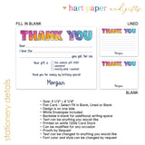 Rainbow Tie Dye Thank You Note Card Stationery • Fill in Blank, Lined or Blank Cards