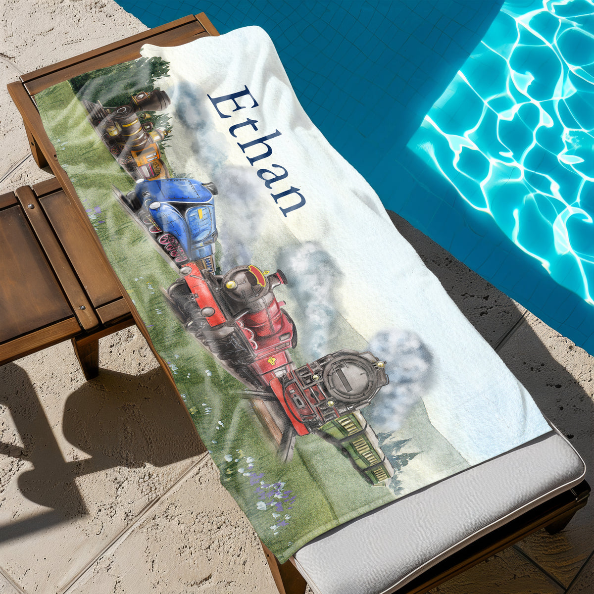 Train Personalized Beach Towel • Custom 30x60 Swimming Swim Bath Bathroom Pool