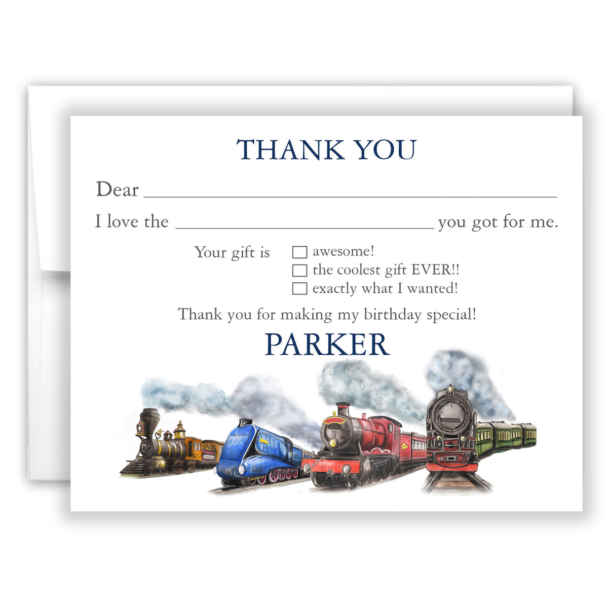 Train Thank You Note Card Personalized Custom Stationery • Fill in Blank, Lined or Blank Cards
