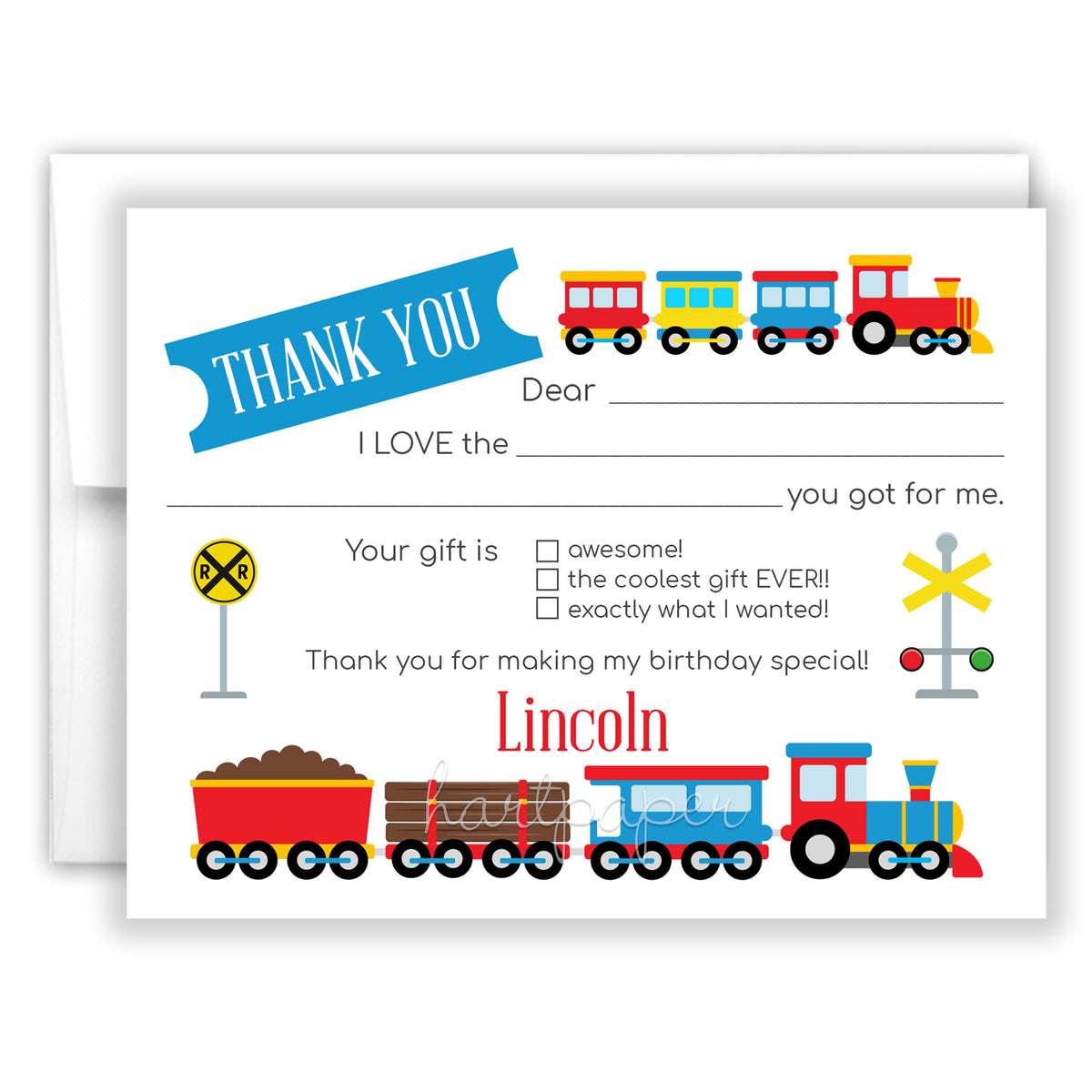 Train Thank You Note Card Personalized Custom Stationery • Fill in Blank, Lined or Blank Cards