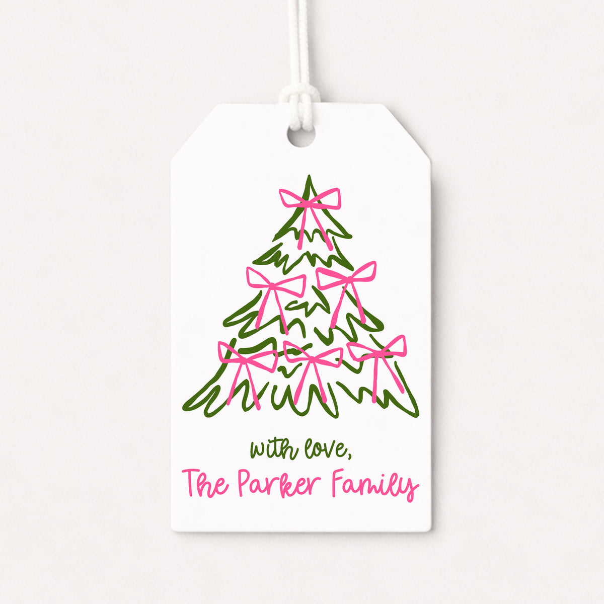 Whimsical Pink Green Christmas Tree Personalized Gift Tags • Christmas Holiday Gift Wrapping • Custom Family Name Tag • Gifts