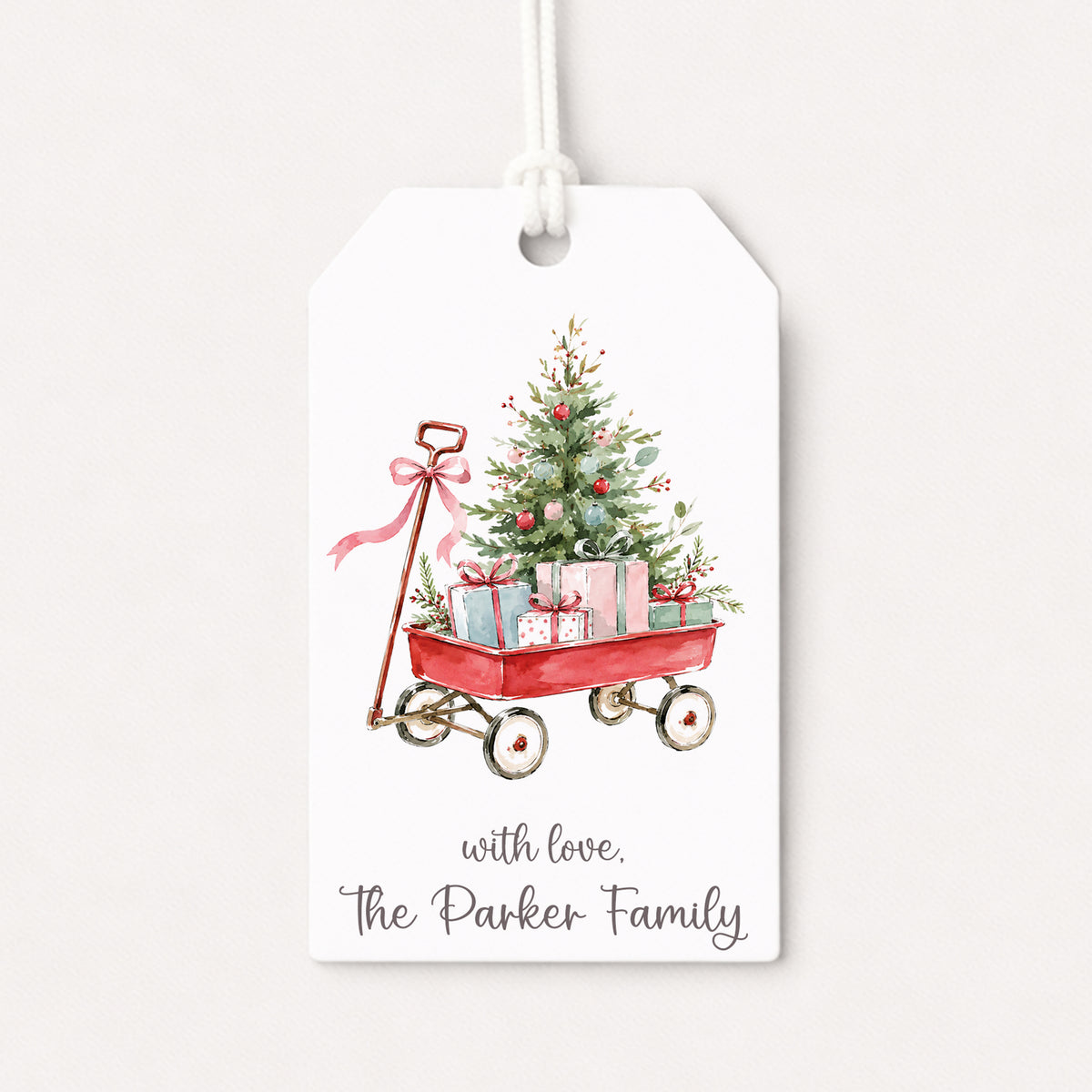 Wagon Coquette Bow Christmas Tree Personalized Gift Tags • Christmas Holiday Gift Wrapping • Custom Family Name Tag • Gifts Whimsical
