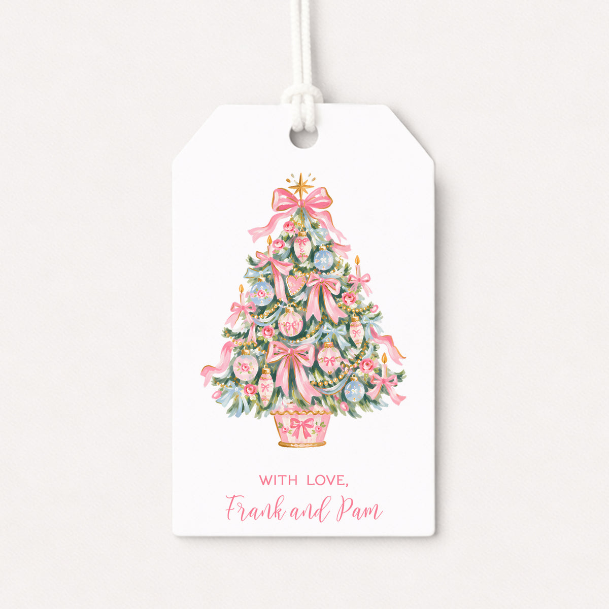 Pink Bows Christmas Tree Personalized Gift Tags • Christmas Holiday Gift Wrapping • Custom Family Name Tag • Gifts Whimsical