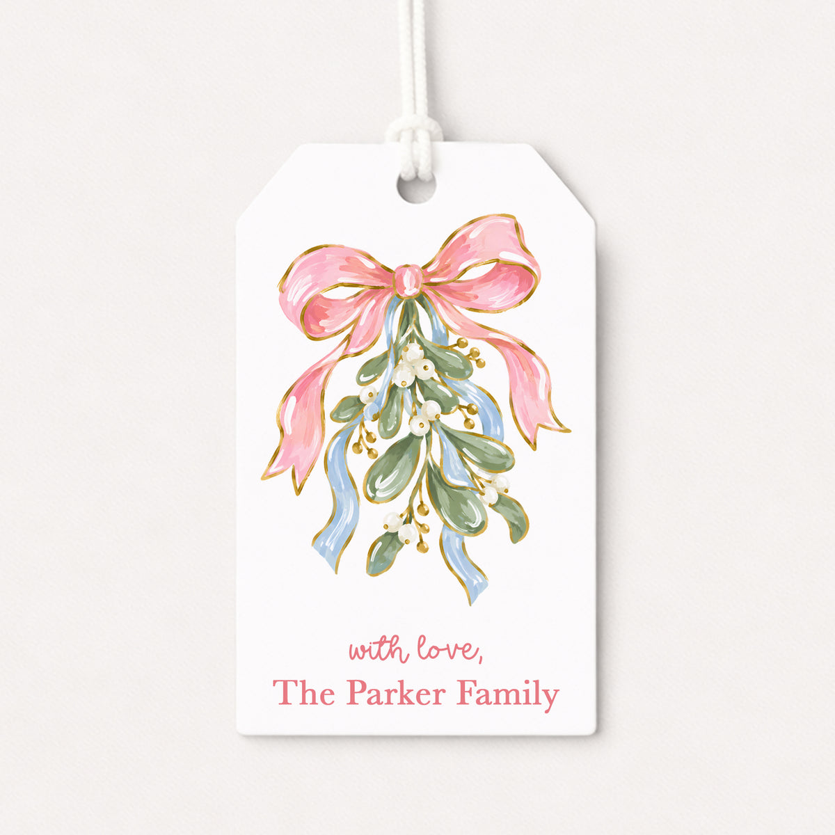 Pink Mistletoe Holly Coquette Bow Bows Personalized Gift Tags • Christmas Holiday Gift Wrapping • Custom Family Name Tag • Gifts Whimsical