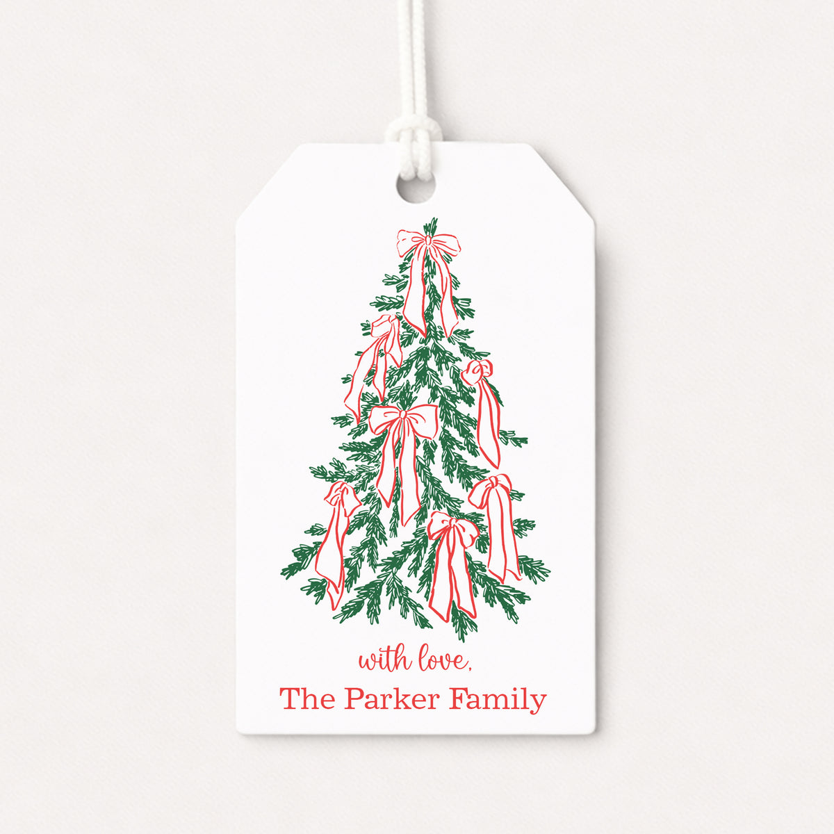 Red Green Coquette Bows Christmas Tree Personalized Gift Tags • Christmas Holiday Gift Wrapping • Custom Family Name Tag • Gifts Whimsical