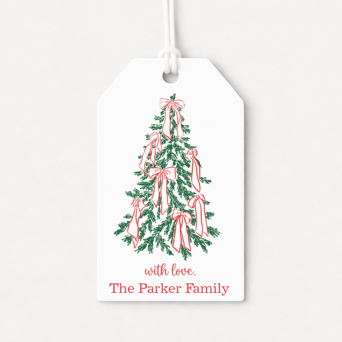 Red Green Coquette Bows Christmas Tree Personalized Gift Tags • Christmas Holiday Gift Wrapping • Custom Family Name Tag • Gifts Whimsical