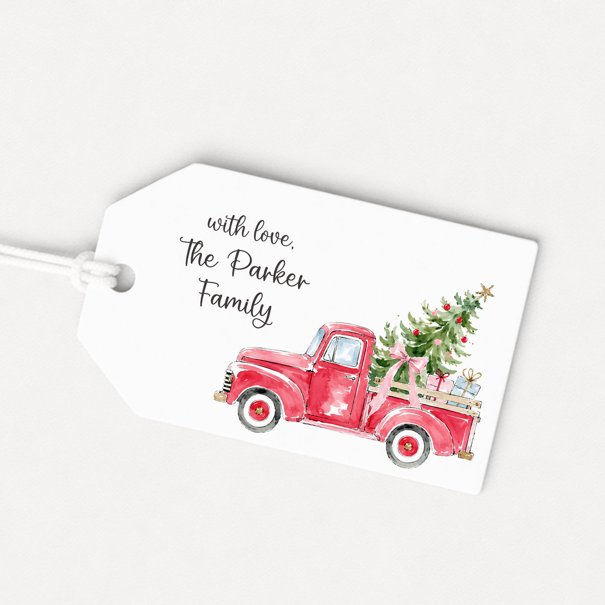 Red Truck Christmas Tree Personalized Gift Tags • Christmas Holiday Gift Wrapping • Custom Family Name Tag • Gifts Whimsical
