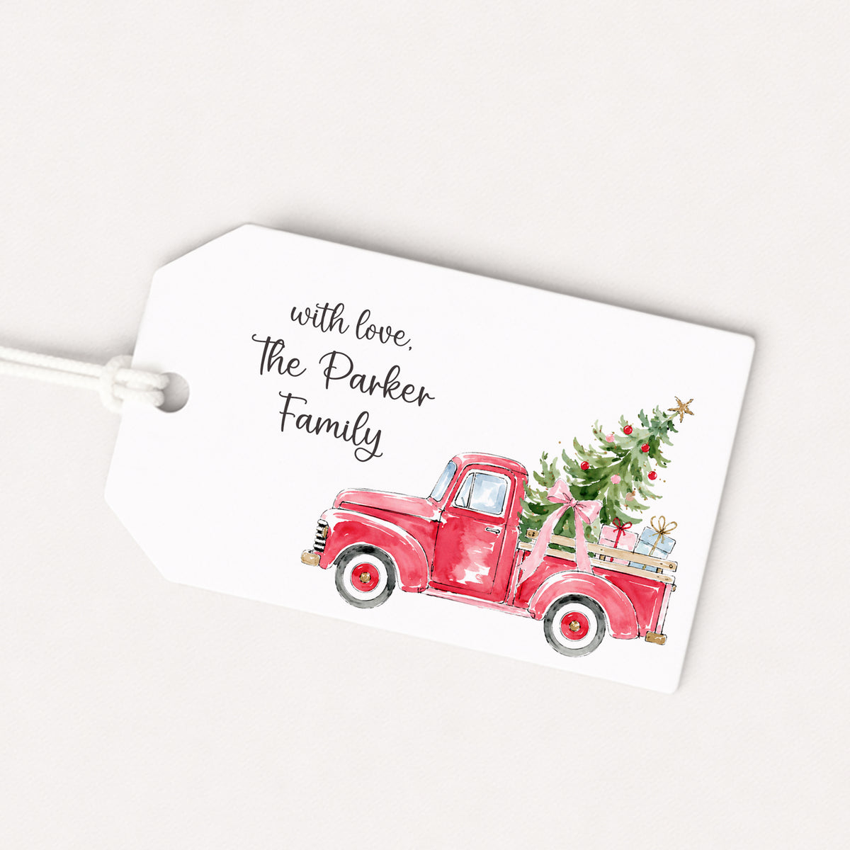 Red Truck Christmas Tree Personalized Gift Tags • Christmas Holiday Gift Wrapping • Custom Family Name Tag • Gifts Whimsical