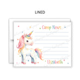 Rainbow Unicorn Summer Camp Camping Note Cards Stationery • Fill in Blank, Lined or Blank Cards