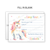 Rainbow Unicorn Summer Camp Camping Note Cards Stationery • Fill in Blank, Lined or Blank Cards