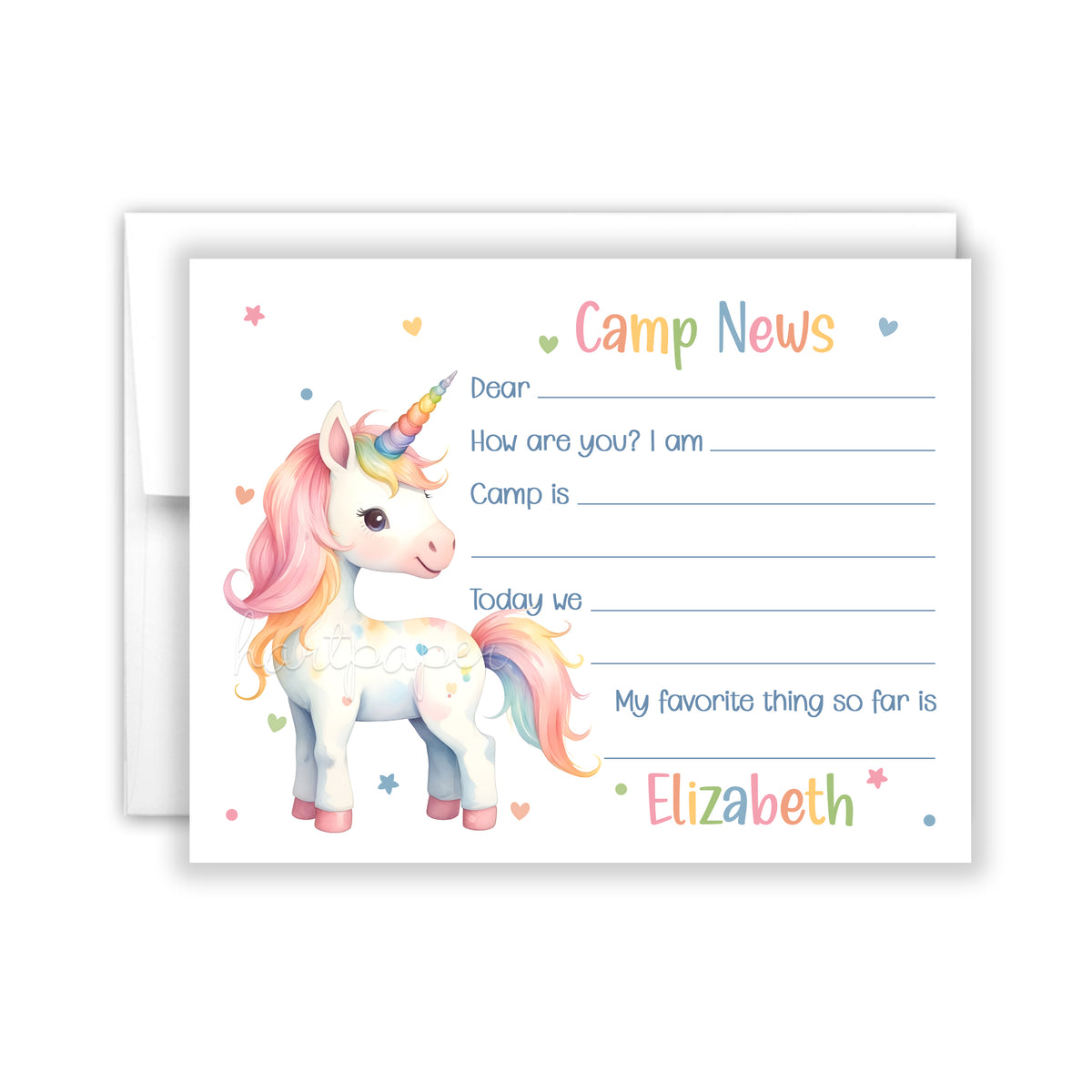 Rainbow Unicorn Summer Camp Camping Note Cards Stationery • Fill in Blank, Lined or Blank Cards