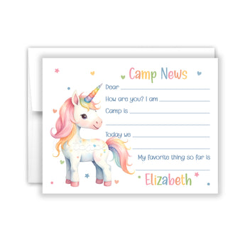 Rainbow Unicorn Summer Camp Camping Note Cards Stationery • Fill in Blank, Lined or Blank Cards