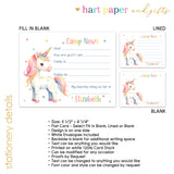 Rainbow Unicorn Summer Camp Camping Note Cards Stationery • Fill in Blank, Lined or Blank Cards