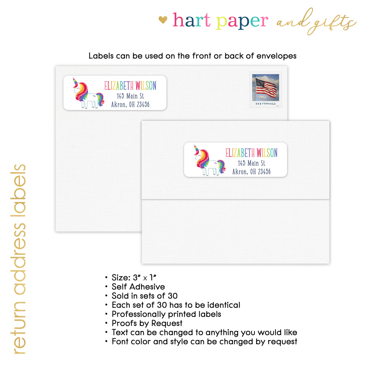 Rainbow Unicorn Return Address Labels Personalized Custom • Self Adhesive Stickers - Hart Paper