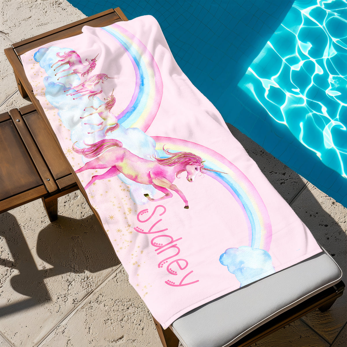 Rainbow Unicorn Personalized Beach Towel • Custom 30x60 Swimming Swim Bath Bathroom Pool