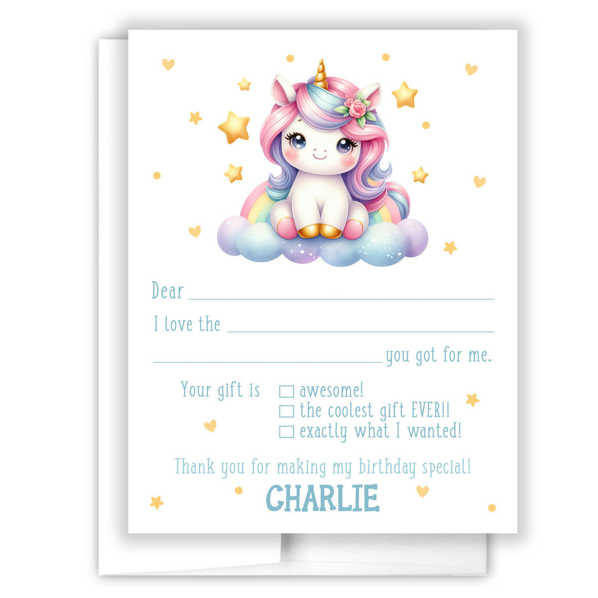 Rainbow Unicorn Thank You Note Card Personalized Custom Stationery • Fill in Blank, Lined or Blank Cards
