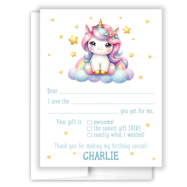 Rainbow Unicorn Thank You Note Card Stationery • Fill in Blank, Lined or Blank Cards