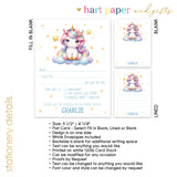 Rainbow Unicorn Thank You Note Card Stationery • Fill in Blank, Lined or Blank Cards