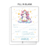 Rainbow Unicorn Thank You Note Card Stationery • Fill in Blank, Lined or Blank Cards