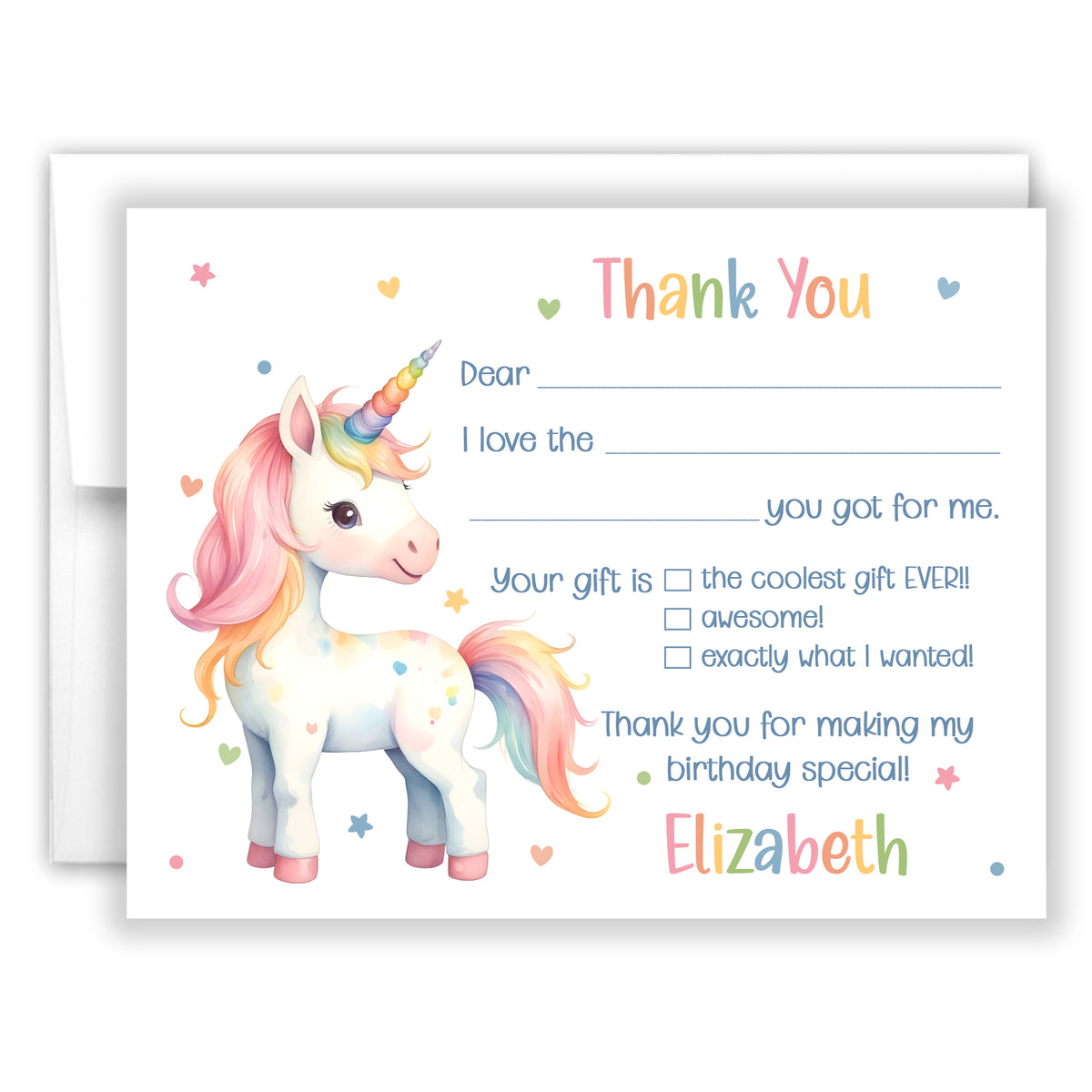 Rainbow Unicorn Thank You Note Card Personalized Custom Stationery • Fill in Blank, Lined or Blank Cards