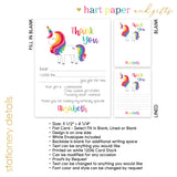 Rainbow Unicorn Thank You Note Card Stationery • Fill in Blank, Lined or Blank Cards