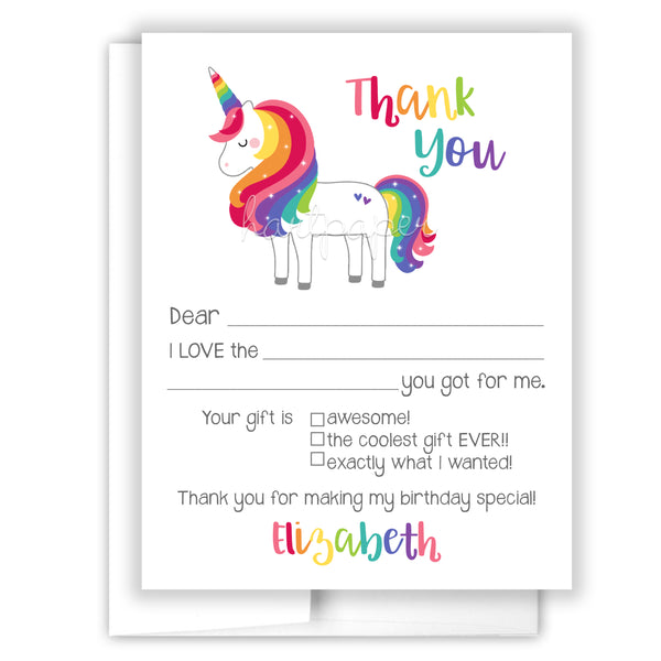 Rainbow Unicorn Thank You Note Card Stationery • Fill in Blank, Lined or Blank Cards