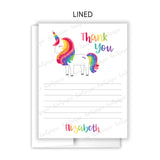 Rainbow Unicorn Thank You Note Card Stationery • Fill in Blank, Lined or Blank Cards