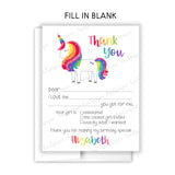 Rainbow Unicorn Thank You Note Card Stationery • Fill in Blank, Lined or Blank Cards