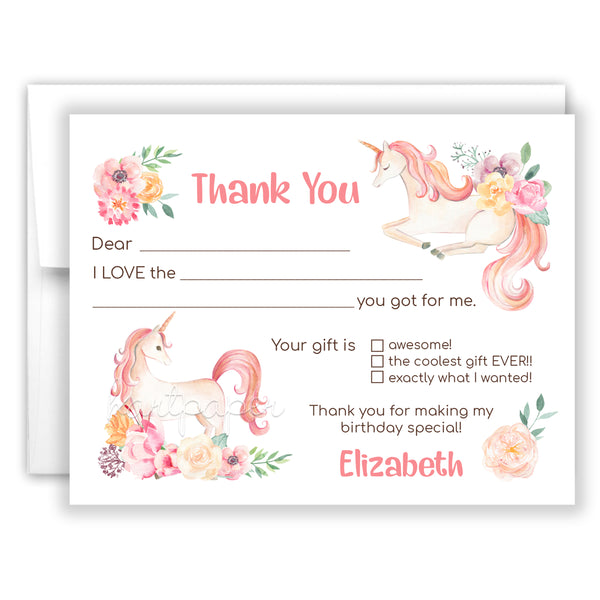 Rainbow Unicorn Thank You Note Card Stationery • Fill in Blank, Lined or Blank Cards