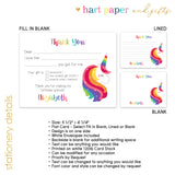 Rainbow Unicorn Thank You Note Card Stationery • Fill in Blank, Lined or Blank Cards