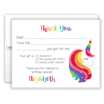 Rainbow Unicorn Thank You Note Card Stationery • Fill in Blank, Lined or Blank Cards
