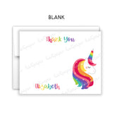 Rainbow Unicorn Thank You Note Card Stationery • Fill in Blank, Lined or Blank Cards