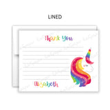 Rainbow Unicorn Thank You Note Card Stationery • Fill in Blank, Lined or Blank Cards