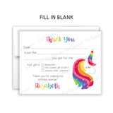 Rainbow Unicorn Thank You Note Card Stationery • Fill in Blank, Lined or Blank Cards