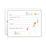 Rainbow Unicorn Summer Camp Camping Note Cards Stationery • Fill in Blank, Lined or Blank Cards