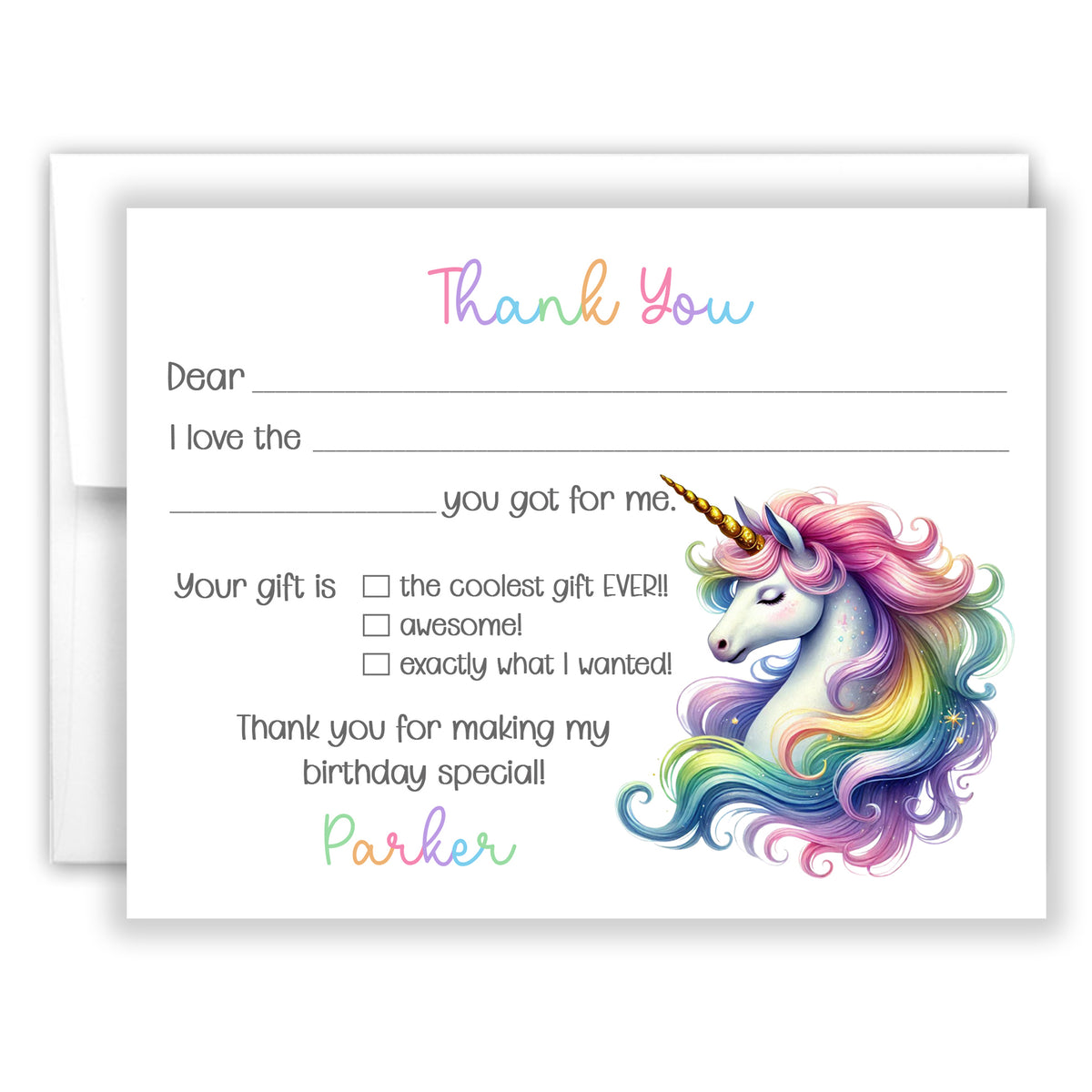 Rainbow Unicorn Thank You Note Card Personalized Custom Stationery • Fill in Blank, Lined or Blank Cards