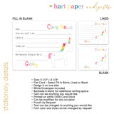 Rainbow Unicorn Summer Camp Camping Note Cards Stationery • Fill in Blank, Lined or Blank Cards