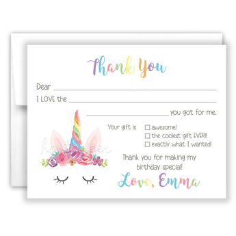 Rainbow Unicorn Thank You Note Card Stationery • Fill in Blank, Lined or Blank Cards