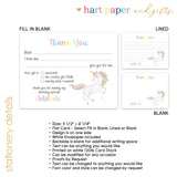 Rainbow Unicorn Thank You Note Card Stationery • Fill in Blank, Lined or Blank Cards