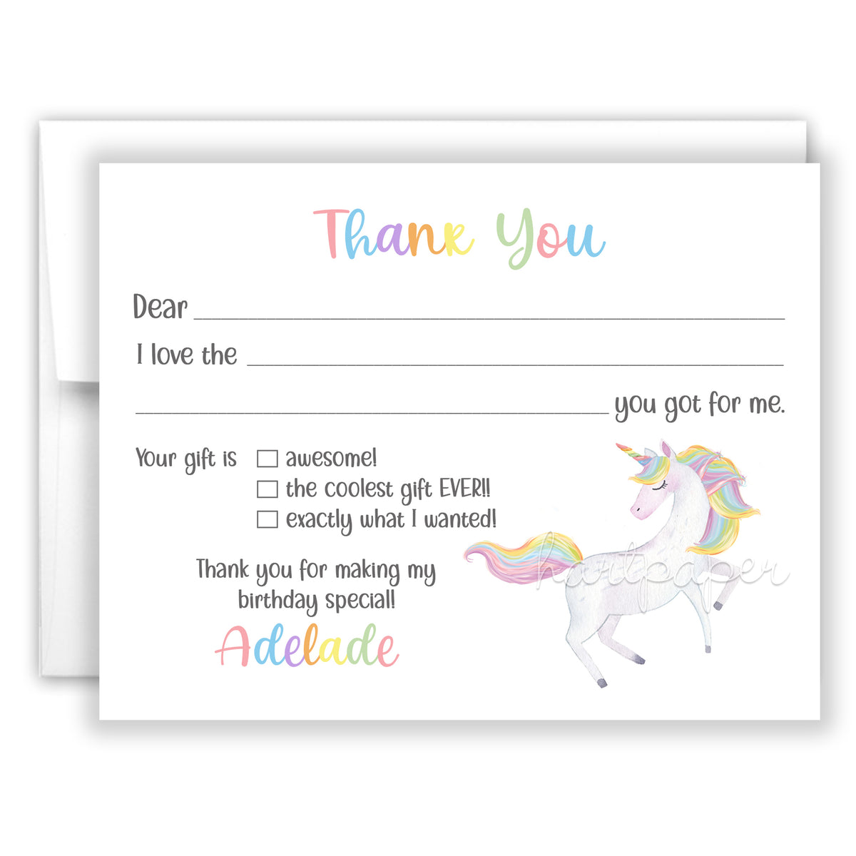 Rainbow Unicorn Thank You Note Card Personalized Custom Stationery • Fill in Blank, Lined or Blank Cards