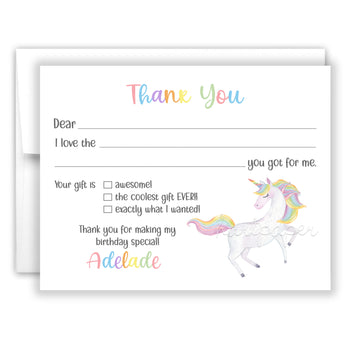 Rainbow Unicorn Thank You Note Card Stationery • Fill in Blank, Lined or Blank Cards