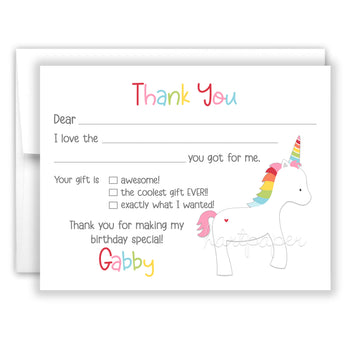 Rainbow Unicorn Thank You Note Card Stationery • Fill in Blank, Lined or Blank Cards