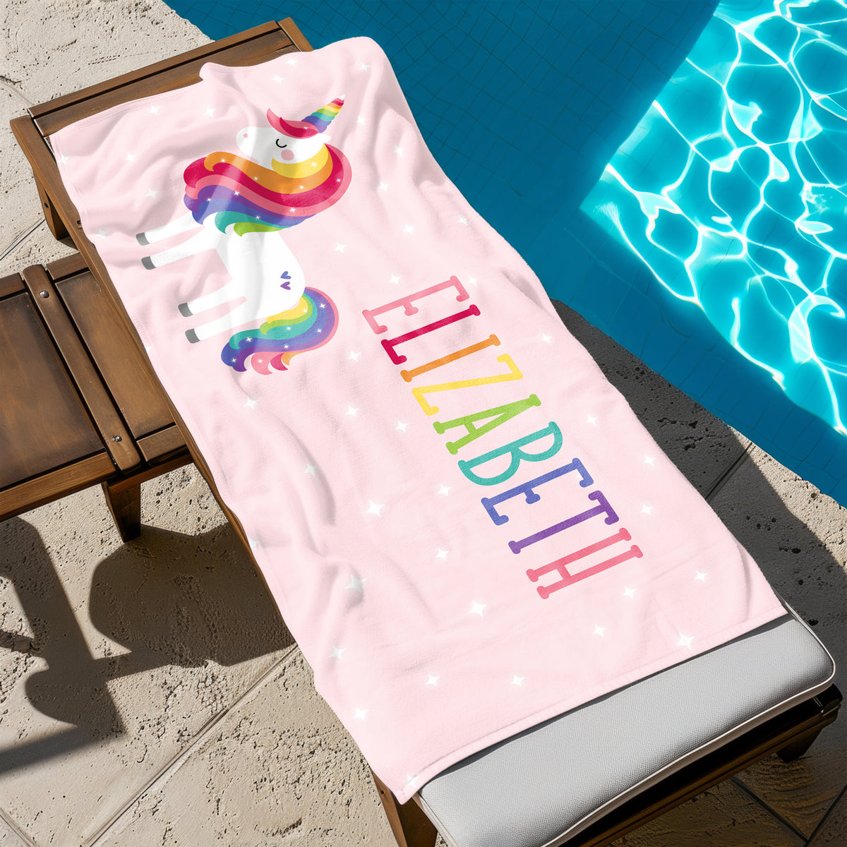 Rainbow Unicorn Personalized Beach Towel • Custom 30x60 Swimming Swim Bath Bathroom Pool