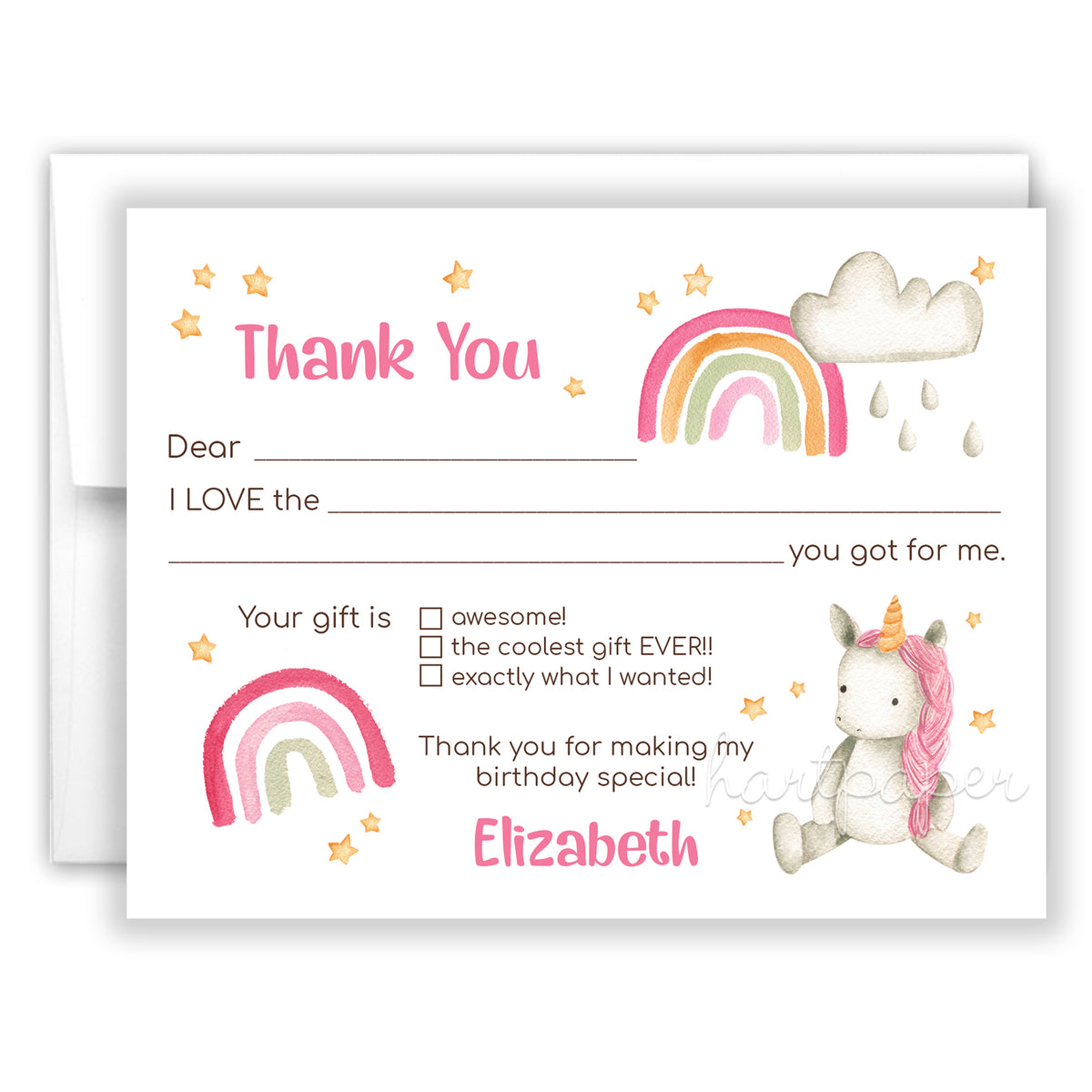 Rainbow Unicorn Thank You Note Card Personalized Custom Stationery • Fill in Blank, Lined or Blank Cards