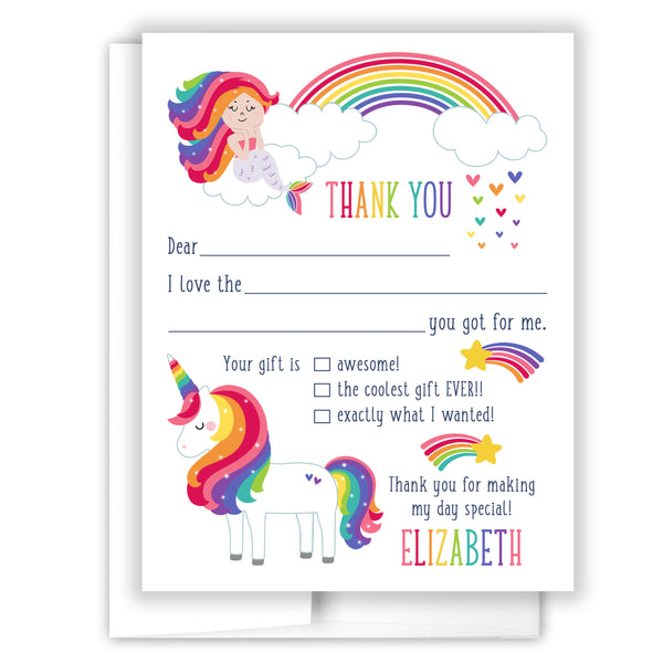 Rainbow Unicorn Mermaid Thank You Note Card Stationery • Fill in Blank, Lined or Blank Cards