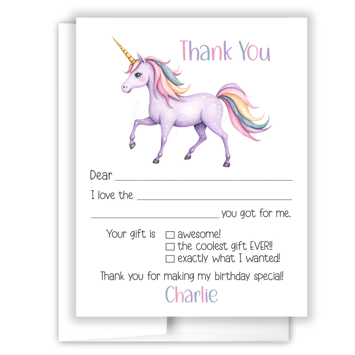 Rainbow Unicorn Thank You Note Card Personalized Custom Stationery • Fill in Blank, Lined or Blank Cards
