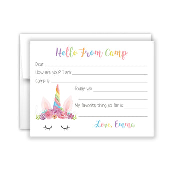 Rainbow Unicorn Horn Summer Camp Camping Note Cards Stationery • Fill in Blank, Lined or Blank Cards