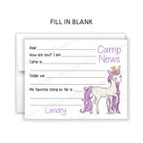 Purple Unicorn Summer Camp Camping Note Cards Stationery • Fill in Blank, Lined or Blank Cards