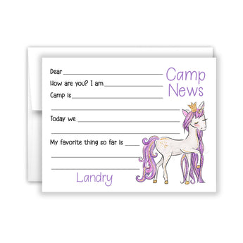 Purple Unicorn Summer Camp Camping Note Cards Stationery • Fill in Blank, Lined or Blank Cards