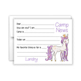 Purple Unicorn Summer Camp Camping Note Cards Stationery • Fill in Blank, Lined or Blank Cards